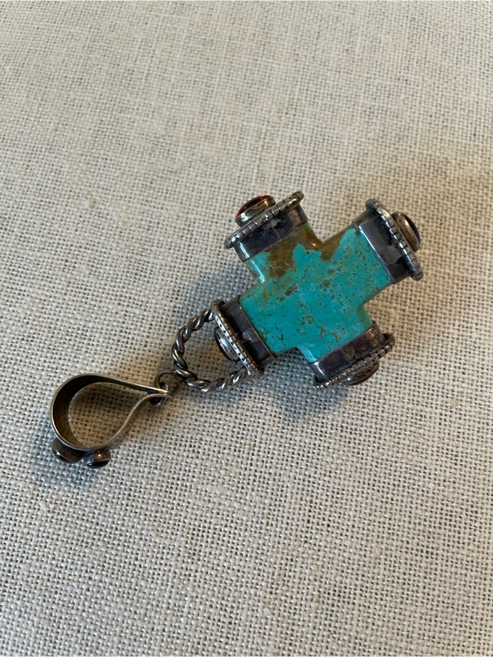 LARGE Reversible Sterling Silver, Turquoise, and Amber Cross Pendant - Picture 7 of 12